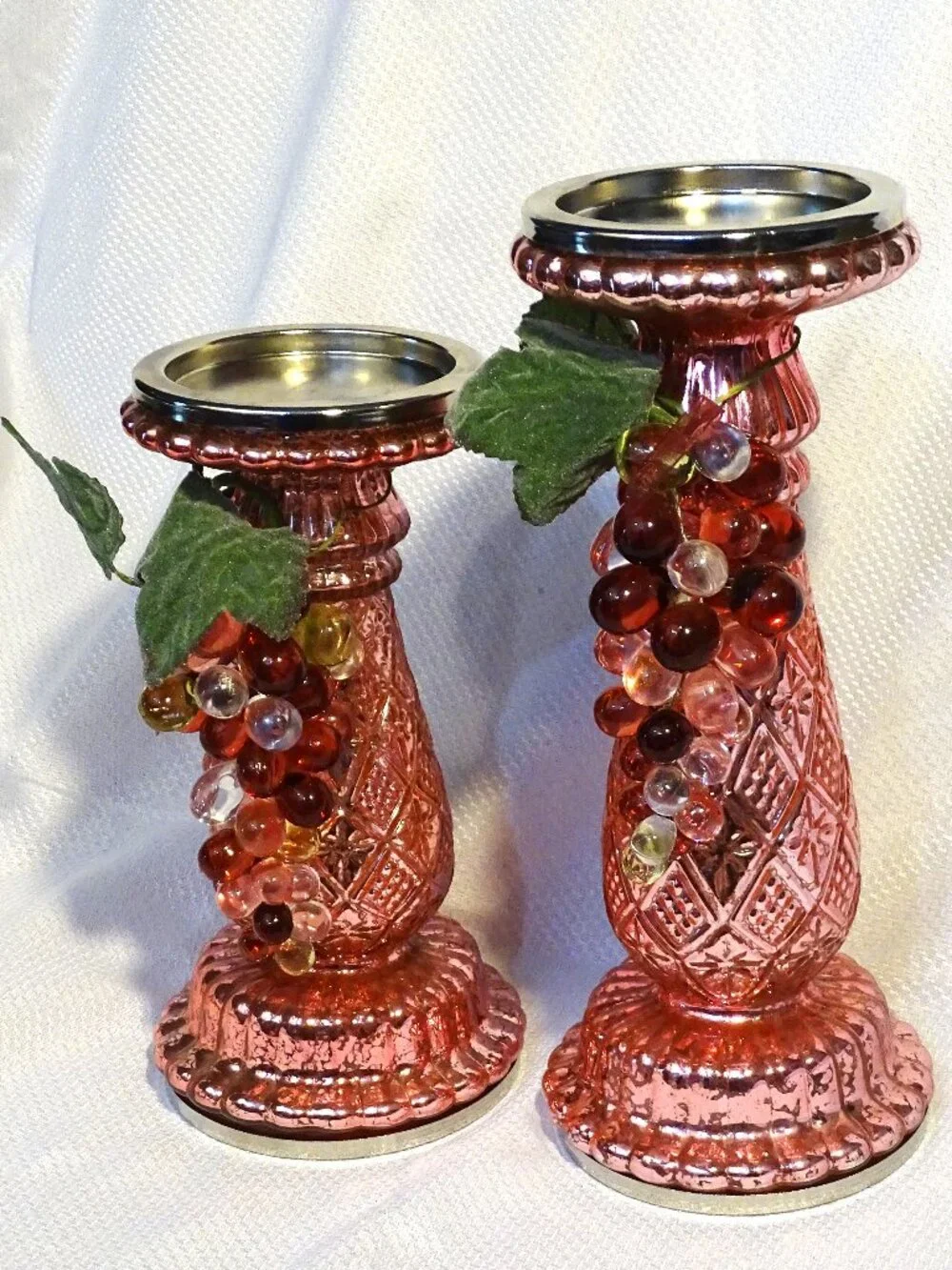 Pink Light  Up Glass Candlestick Holders with Glass Grapes